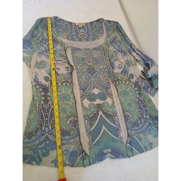 One World Womens Top Blouse Gray Blue Long Sleeve Scoop Neck Rhinestone Size 1X - Picture 8 of 15